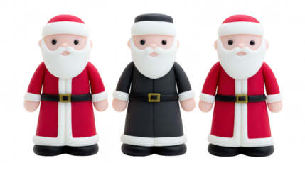 Santa figurine Christmas decoration festive red suit black suit white beard holiday cheerful winter toy figure. Three Santa figurines red and black suits with white beards standing together
