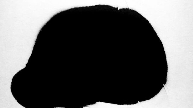 A stark, abstract black ink blotch against a white background, creating a bold and minimalist visual.