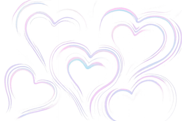 Multiple Abstract Holographic Heart Outlines with Pastel Swirls on transparent Background