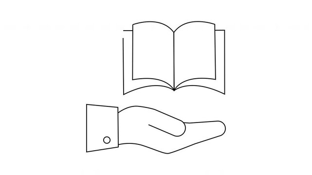 Outline illustration hand holding open book simple lines white background
