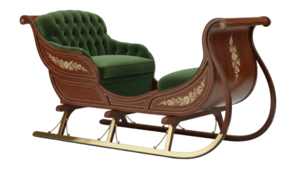 Isolated Victorian green sleigh is classic winter transport, vintage and elegant, wood frame