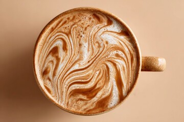Fototapeta premium A visually appealing overhead shot of a warm, comforting beverage served in a rustic ceramic mug, resting on a clean, minimalist beige background. The surface of the drink showcases an exquisite displ