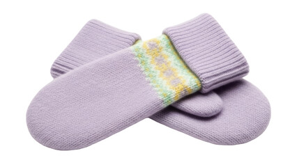 Isolated pair of cozy hand-knitted mittens, pastel lavender wool, knitwear winter apparel