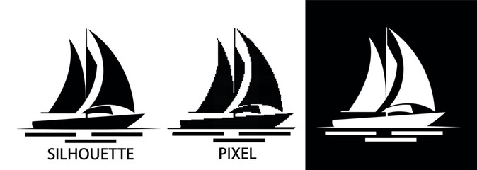 Simple black and white pixel vector icon depicting a sailing boat