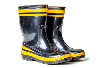 Black rubber boots with yellow stripe, protective and detailed, isolated on white background.