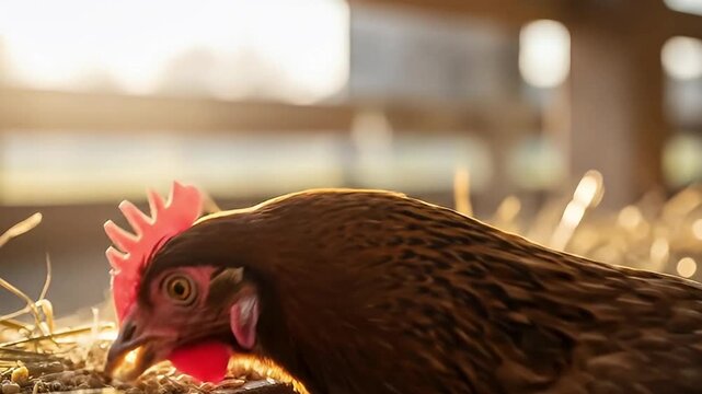 A beautiful close-up shot captures a brown domestic hen gently pecking at scattered feed or grains, illuminated by the soft, warm glow of natural light, likely sunrise or sunset. The detailed focus on
