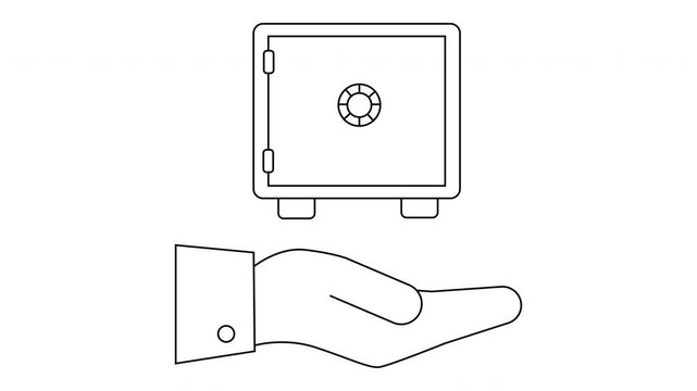 Line drawing shows a safe above an open hand suit sleeve visible