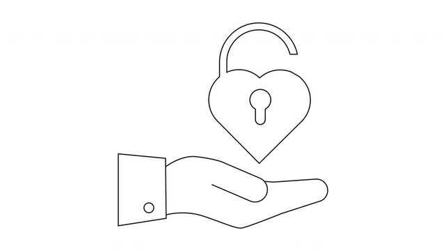 Open heartshaped lock above a hand Simple monochrome line drawing