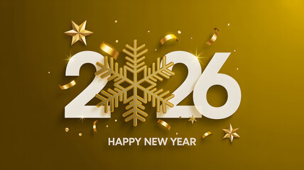 New Year 2026 Luxurious Greeting Card with Golden Snowflake, Sparkling Confetti on Rich Gold Background