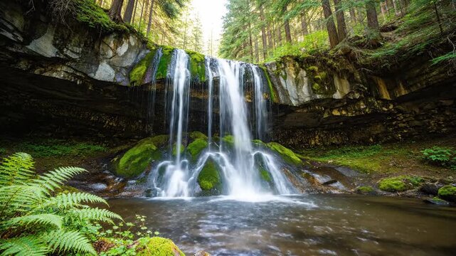 A serene forest waterfall cascades over mossy rocks into a calm pool among ferns and pines and moss