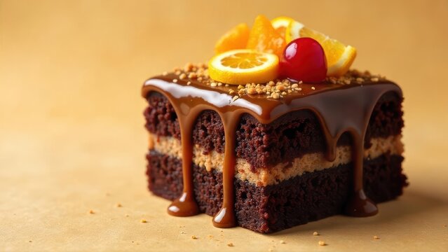 A Decadent Chocolate Cake Slice Topped with Caramel Glaze and Citrus Fruits