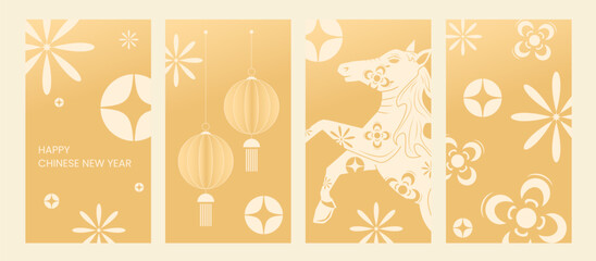 Happy Chinese new year 2026 , modern design set in red, gold and white colors , Year of the horse zodiac , Asia oriental traditional ornament, frame and border ,