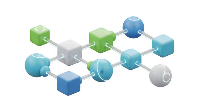 Isometric 3d render of a colorful abstract network structure isolated on transparent background