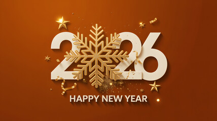 New Year 2026 Festive Greeting Card with Golden Snowflake, Elegant Typography on Warm Brown Background