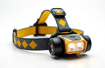 Yellow headlamp with dual bright LEDs on adjustable black and yellow strap. Modern lamp lights up with clean bright illumination against white backdrop. Compact portable lighting device.