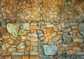 dirty yellow-grey colors rough stone wall, abstract natural texture background. old stone wall made of  slices stones, cobblestones. template for design. copy space