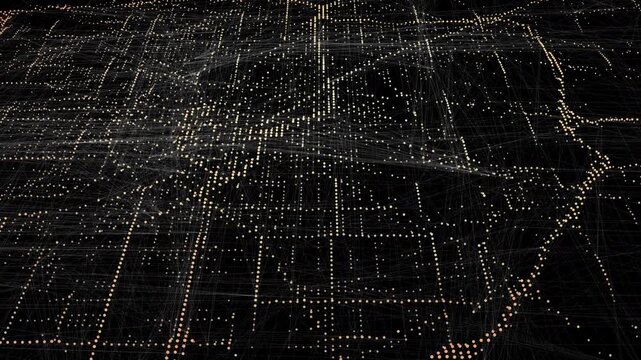 Rotating digitised map with glowing New York city white lights in urban tech overlay
