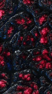 Dark red-black microworld of spreading bacteria with bubbling living cells science theme