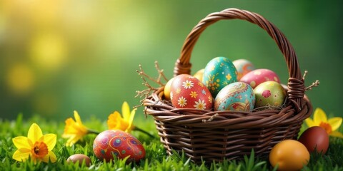 A delightful springtime scene featuring a wicker basket overflowing with vibrantly decorated eggs nestled amongst blooming daffodils in a lush green meadow.