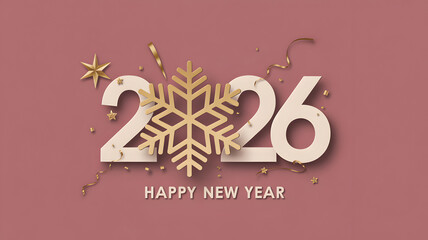 New Year 2026 Elegant Greeting Card with Golden Snowflake, Luxury Typography on Soft Pink Background