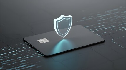 Naklejka na ściany i meble Credit card with glowing shield icon above chip, representing ecommerce fraud prevention and payment security safeguard.