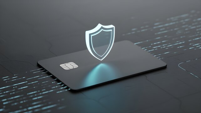 Credit card with glowing shield icon above chip, representing ecommerce fraud prevention and payment security safeguard.