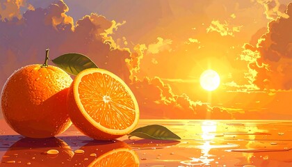 Vivid artwork of oranges on a reflective surface with a sunset