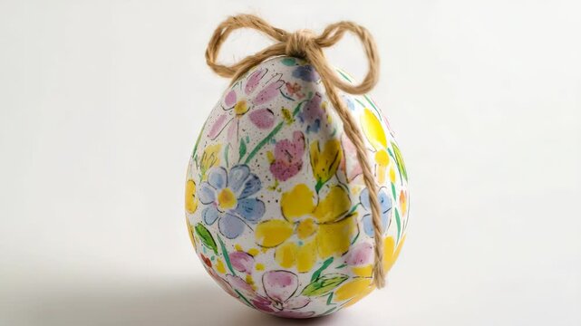This is a handcrafted Easter egg with a vibrant floral pattern, colored in pastel shades. It's tied up with a brown string bow tie and could be used as a festive decoration