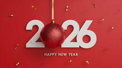 New Year 2026 Vibrant Greeting Card with Red Ornament, Gold Confetti, Luxury Typography on Red Background