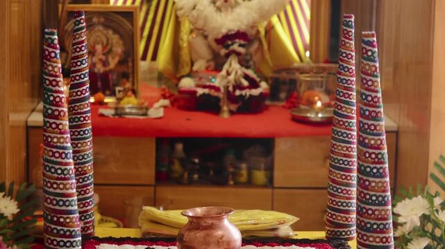 Authentic scene of a traditional Indian marriage vidhi, capturing sacred rituals performed around the holy fire (Agni) under a decorated mandap
