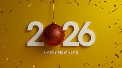 New Year 2026 Cheerful Greeting Card with Red Ornament, Bold Typography on Bright Yellow Background