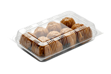 Delicious pastries neatly arranged inside a transparent package  . Isolated on transparent background, png