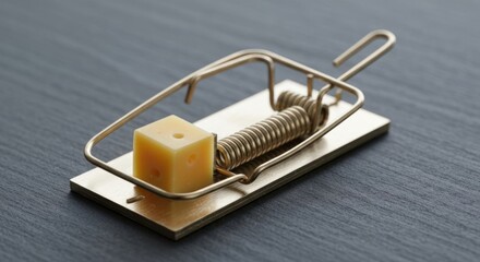 Close-up of a common metal rodent trap with a cube of yellow cheese