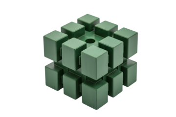 three-dimensional green cube puzzle, abstract brain teaser concept . Isolated on transparent background, png