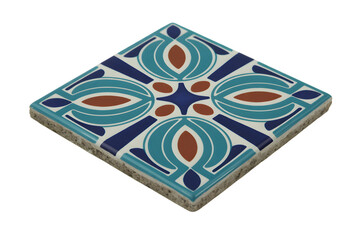 ornate tile with intricate blue and brown floral patterns . Isolated on transparent background, png