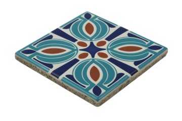 ornate tile with intricate blue and brown floral patterns . Isolated on transparent background, png