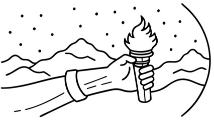 Hand holding torch with flame in front of snowy mountain landscape