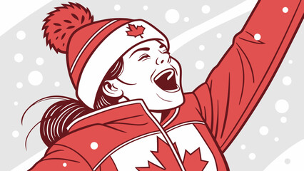 Canadian woman celebrating in winter gear with maple leaf