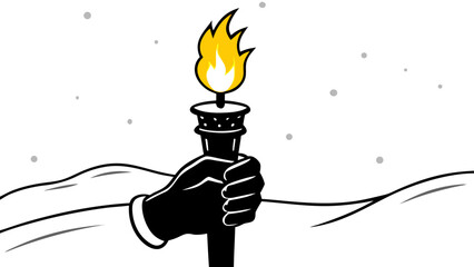 Dramatic hand holding torch with flame in snowy landscape