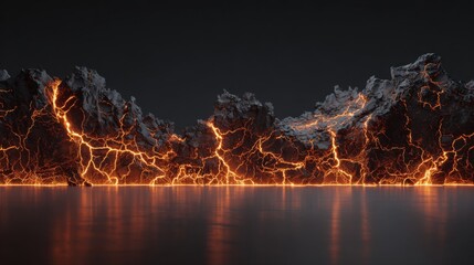 Dramatic volcanic lava rocks glowing with molten cracks creating powerful abstract landscape symbolizing heat energy danger and natural forces on white background