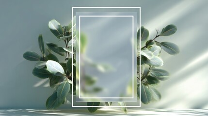 Modern botanical mockup frame with green leaves soft light and minimal composition for branding poster presentation and eco design on white background
