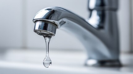 Close Up Of A Dripping Chrome Faucet With Water Droplet In A Bathroom Or Kitchen Setting
