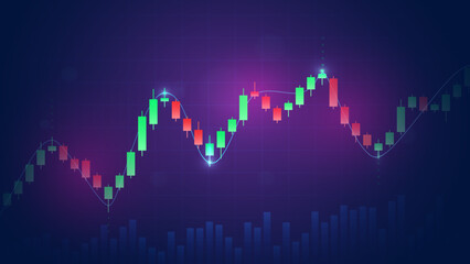 A vibrant digital illustration of a financial market candlestick chart showing upward and downward trends against a dark blue background.