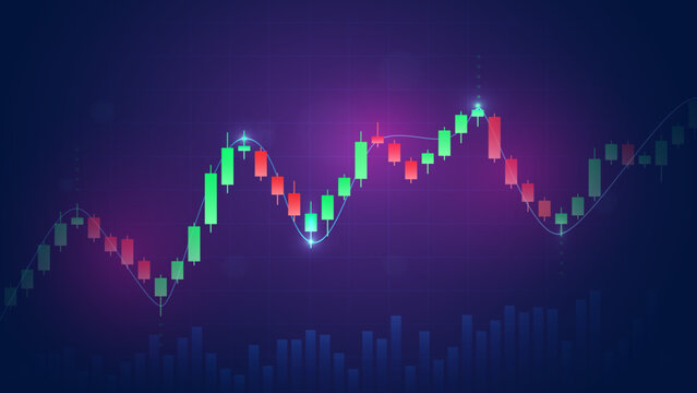 A vibrant digital illustration of a financial market candlestick chart showing upward and downward trends against a dark blue background.