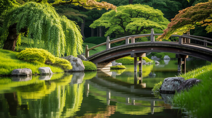 Tranquil japanese garden with arching bridge over reflecting pond