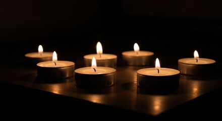 Seven lit tealight candles glow softly on a dark surface, casting shadows