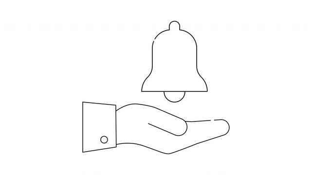 Hand holding a bell outlined simple design on a plain white backdrop