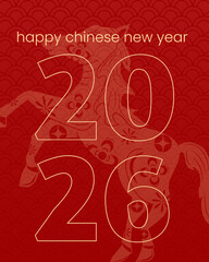 Happy Chinese new year 2026 , modern design set in red, gold and white colors , Year of the horse zodiac , Asia oriental traditional ornament, frame and border ,