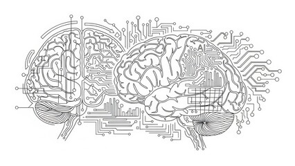 Human brain integrated with technology for artificial intelligence advancement illustration
