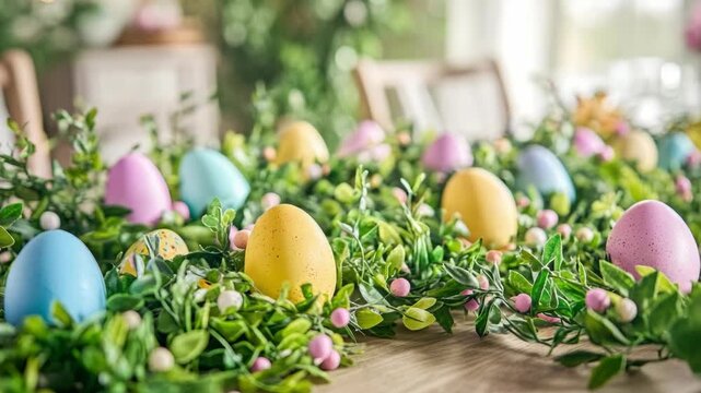 Vibrant Easter egg decoration with a variety of pastel colors displayed on green branches. Perfect for parties, family gatherings or festive occasions.